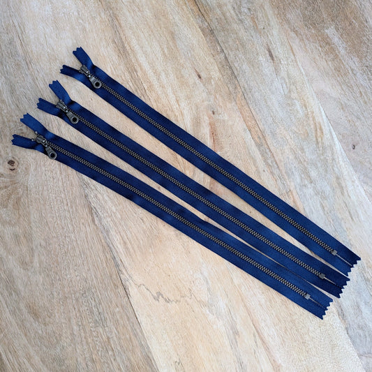Destash Lot of 3 zippers -- 14" dark blue/antique brass closed-end metal zippers
