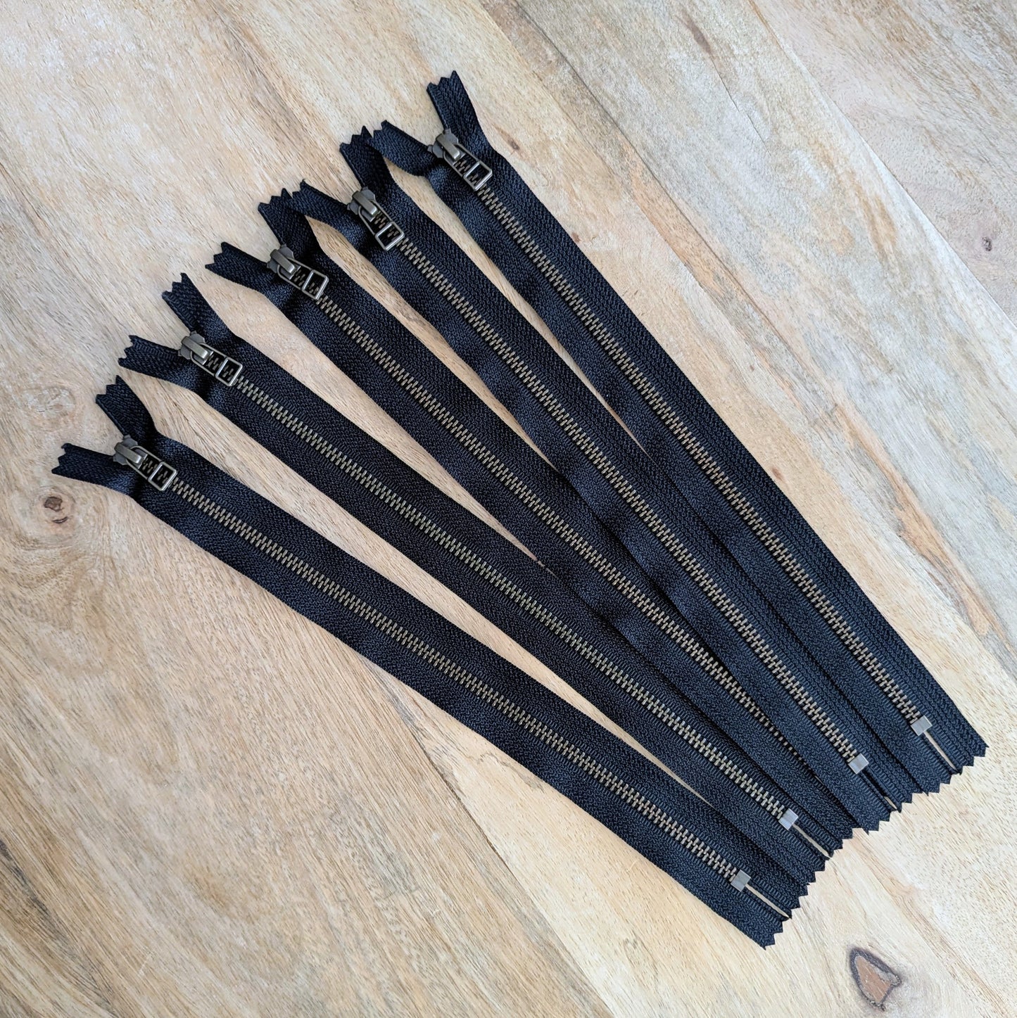 Destash Lot of 5 zippers -- 12" black/antique brass closed-end metal zippers